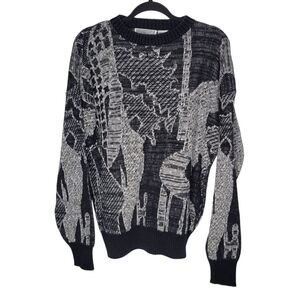 Vintage 80s Method Abstract Patterns Black Grey White Sweater Size XL